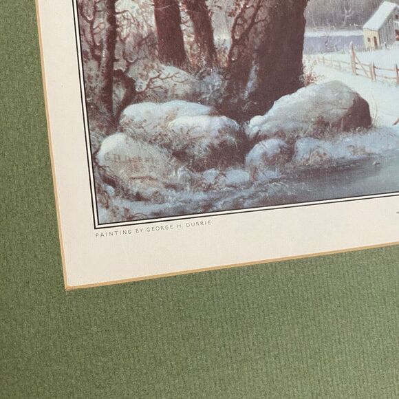 VTG Green Matted CURRIER & IVES Print 1958 Calendar Top - Winter in the Country - Picture 3 of 7